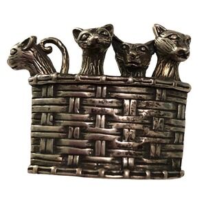 Vintage Sterling Silver 925 Jezlaine Four Cats/Kittens in a Basket Brooch Pin